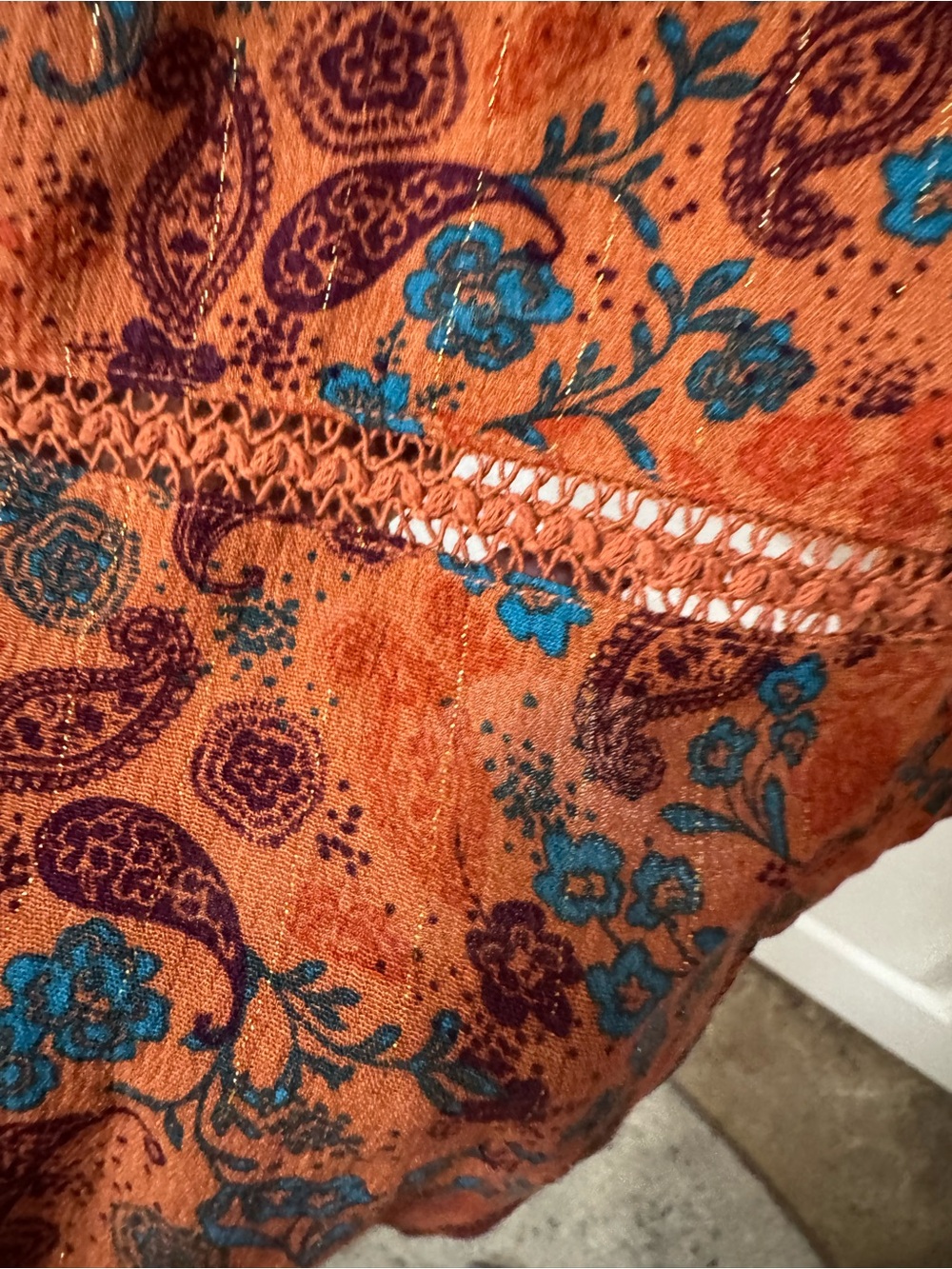 Idyllwind Rust/Blue Paisley V-Neck Tie-Waist Mini Dress size L Pit 22” L 36” - Picture 8 of 12